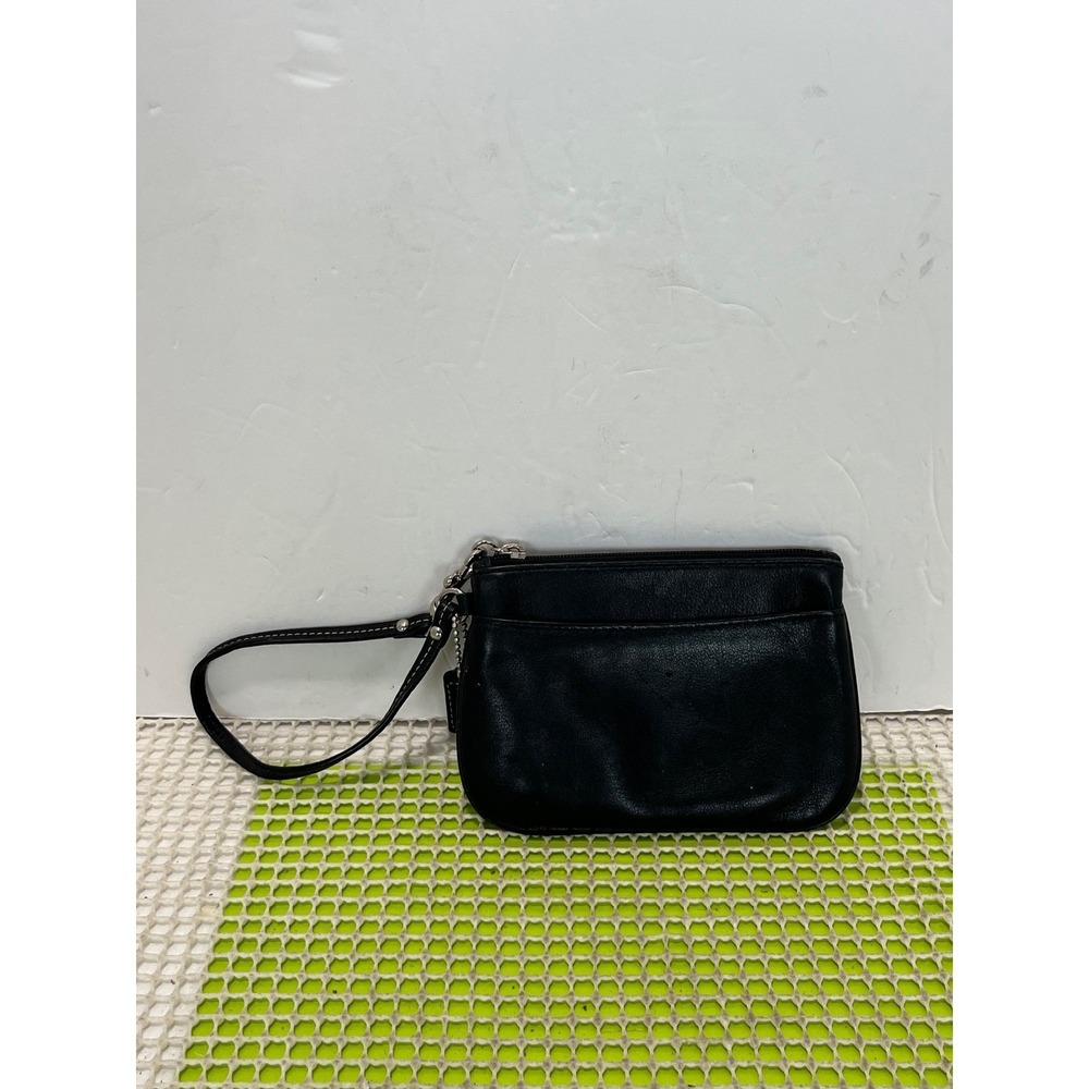 VINTAGE Coach Black Leather Wristlet Small Pouch Bag Blue Lining Silver